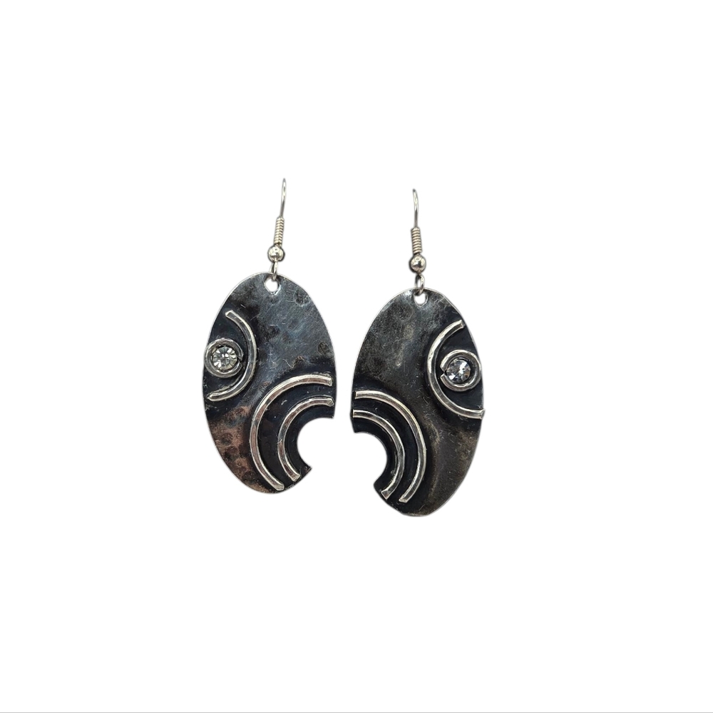 Silvertone Crystal Modernist Bohemian Oval Earrings